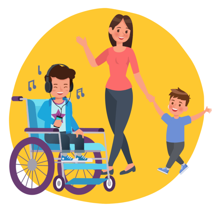 A cartoon representation of a young boy in a wheelchair with headphones on listening to music, and a woman holding hands with a small child.
