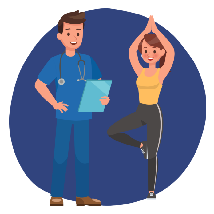 A cartoon representation of a male health professional and a female in a yoga pose