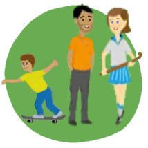 A cartoon representation of a child on a skateboard, a man, and a women holding a hockey stick